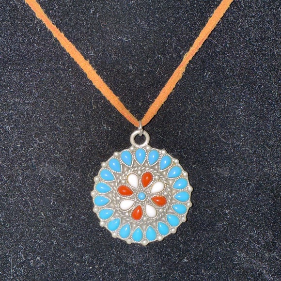 Robert Rose Faux Turquoise and Coral Medallion Necklace - Picture 2 of 13